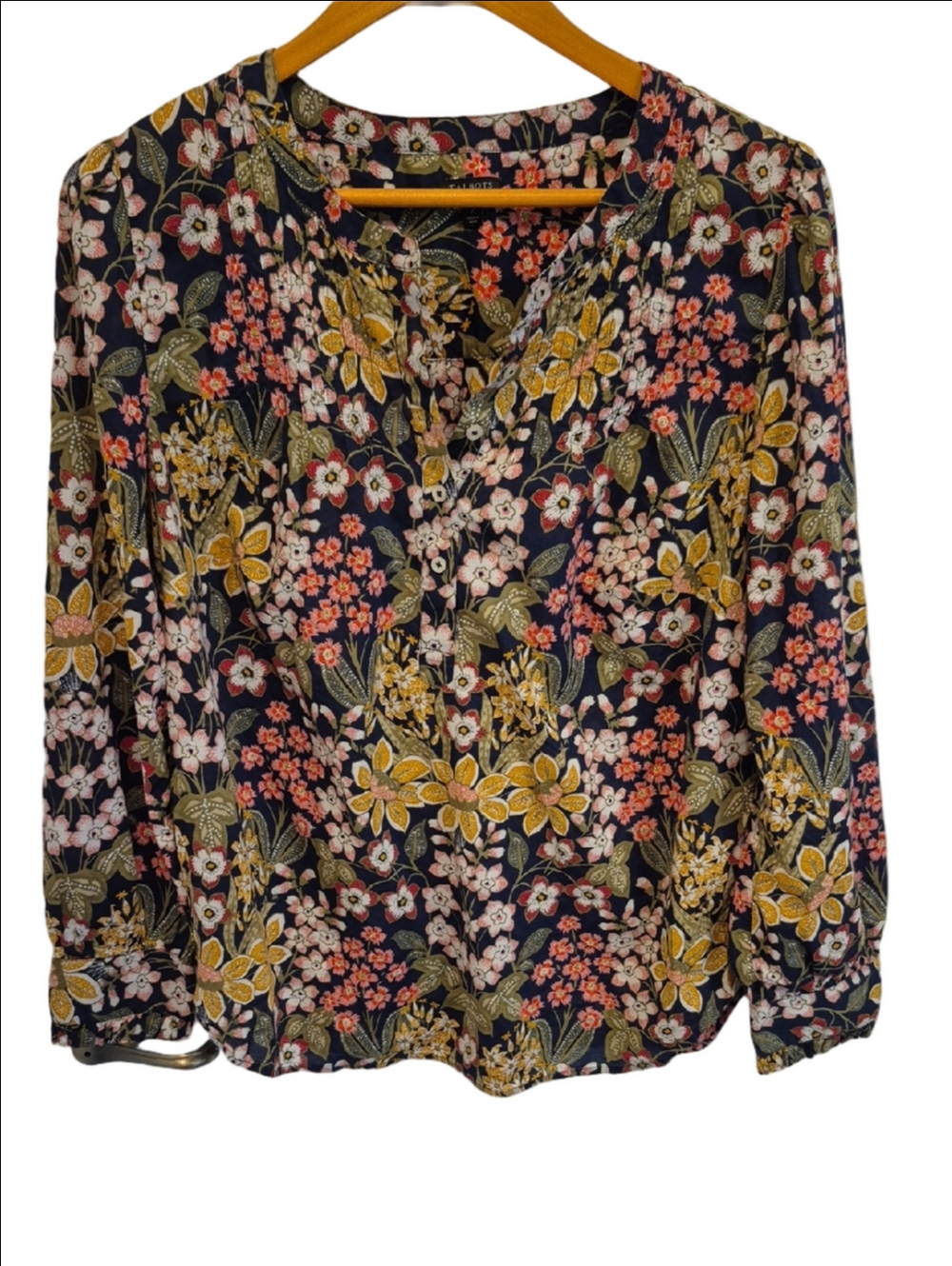 Talbots Pintuck Split Neck Cotton Popover Navy Floral Button Detail Blouse